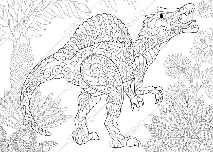 Adult Coloring Pages. Dinosaur Spinosaurus. Zentangle Doodle