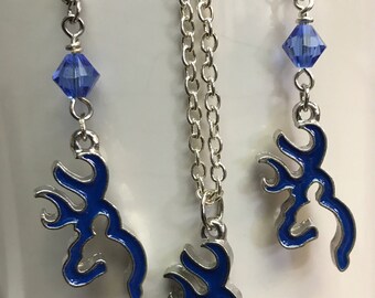 Swarovski Sapphire Bicone, Blue Browning Deer Earrings & Necklace