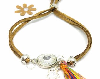 "Rhinestone connector" brown suede bracelet in silver