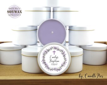 12 ct Lavender Baptism Favors, 4 oz personalized soy candles, baby girl christening, baptism candle favors, rustic, lavender wreath design