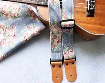 NuovoDesign Floribunda Slate Blue Ukulele strap with leather ends, end pin and tie string included