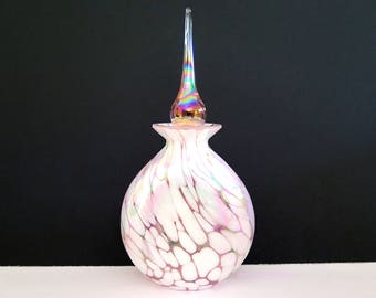 Vintage Pink Iridescent Glass Perfume Bottle with White Splatter and Stopper Collectible