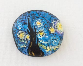 Starry Night Hand painted stone, Van Gogh Rock Painting