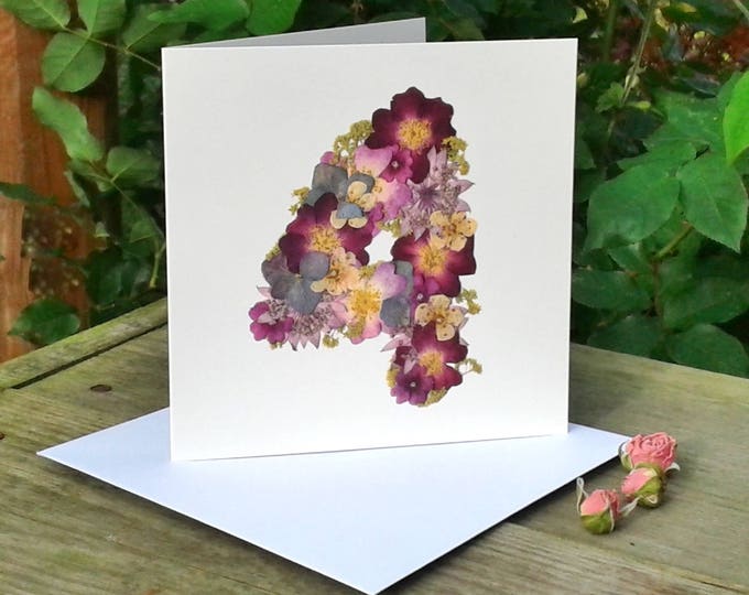 No 4,  4th Anniversary Card, Flower Card, Wife 4th Anniversary, Husband 4th Anniversary, Blank Card, English Pressed Flower PRINT