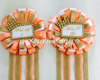 Peach gold and white mom to be or dad to be baby shower pins