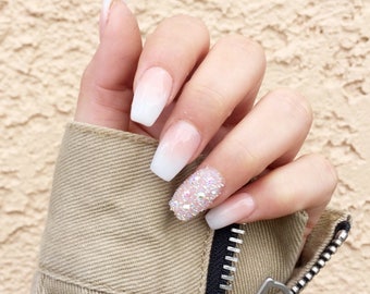 Acrylic Pink White Ombre Swarovski Press On Nails | Any Shape | Fake Nails | False Nails | Glue On Nailes | The Nailest