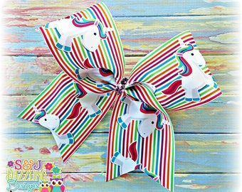 Colorful Striped Unicorn Large Cheer Bow, Unicorn Bow, Magical Bow, Horse Bow, Pony Bow, Bright Bow, Cheer Bow, Big Bow