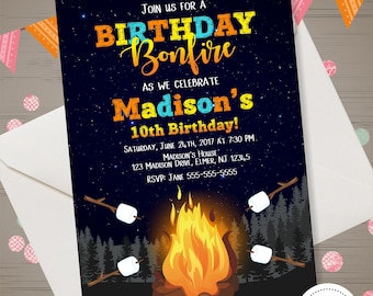 Bonfire Birthday Invitation S'mores Birthday Invitation Camping Birthday Invitation Smores Invitation Camp Invitation Campfire Birthday