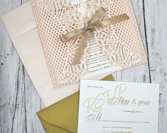 Wedding Invitation Rose and Gold Thermography (Raise Ink)