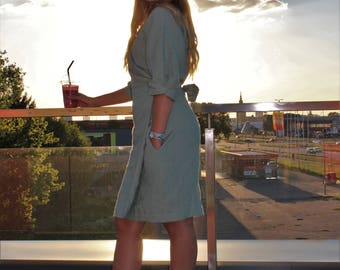 Linen wrap dress-Linen Cloth-Linen dress-Belted wrap midi dress-Casual summer dress-Boohoo 1/2 sleeve Wrap Belted Midi Dress