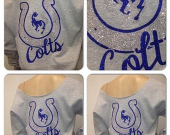 ON SALE Colts glitter off the shoulder Sweatshirt | Indianapolis colts bling sweatshirts | Colts sweatshirts