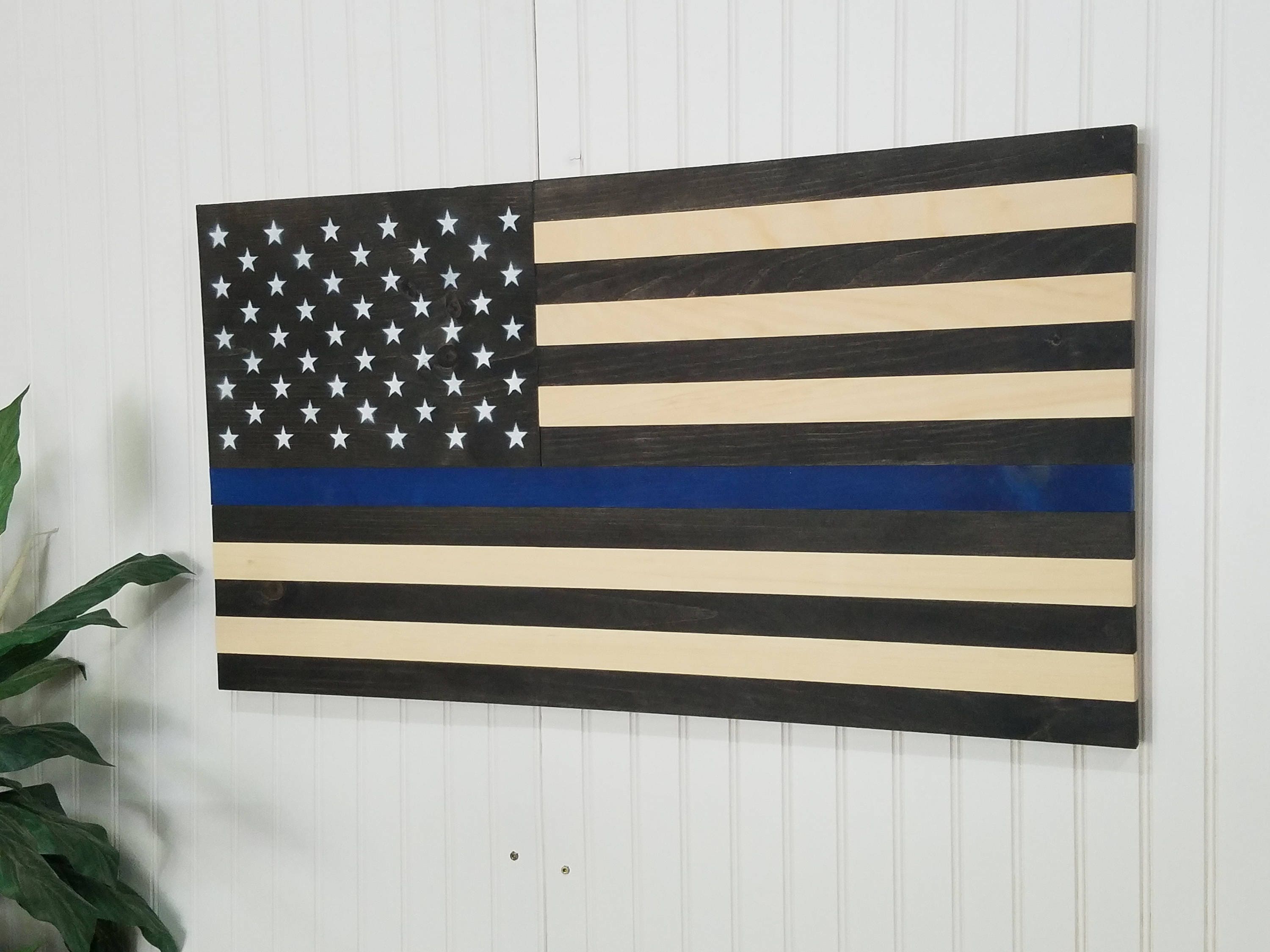 American Flag Thin Blue Line Theme Wooden Wall Mount Art Decor USA