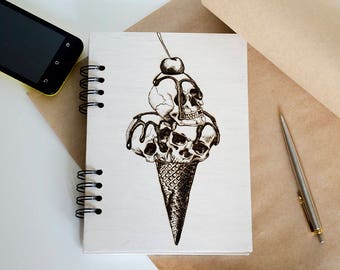 Skull ice cream notebook Wooden notebook Wood journal Travel journal Engraved notebook Custom journal Sketchbook Laser engraved journal