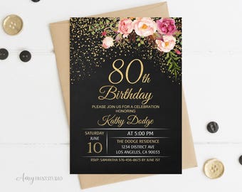 80th Birthday Invitation, Floral Women Birthday Invitation, Chalkboard Birthday Invite, PERSONALIZED, Digital file, #W16