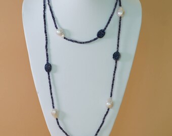 Pearl Necklace with Blue Iolite and Druzy Accents