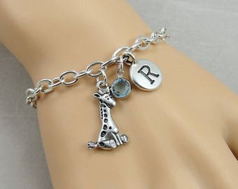 Baby Giraffe Charm Bracelet, Giraffe Bracelet, Personalized Initial and Birthstone Bracelet, Silver Plated Link Charm Bracelet