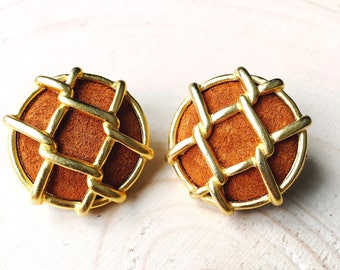 Vintage suede earrings- Unique 70's-80's round earrings with brown suede and a gold tone contour
