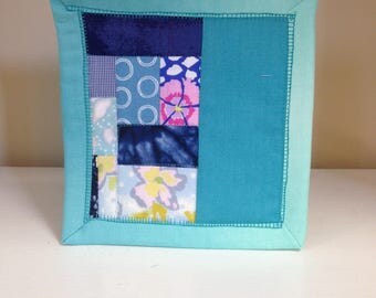 Blue Scrappy #9 Mug Rug Coaster Mini Quilt Wall Art Handmade Quilted