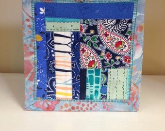 Blue Scrappy #12 Mug Rug Coaster Mini Quilt Wall Art Handmade Quilted