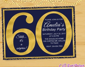 60th Birthday Invitation, Gold Invitation, Gold Glitter Birthday invite, Gold Birthday Invitation, Digital file 44