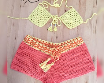 Crochet beachwear combo set by Nina Mire' - Peach, Canary Yellow