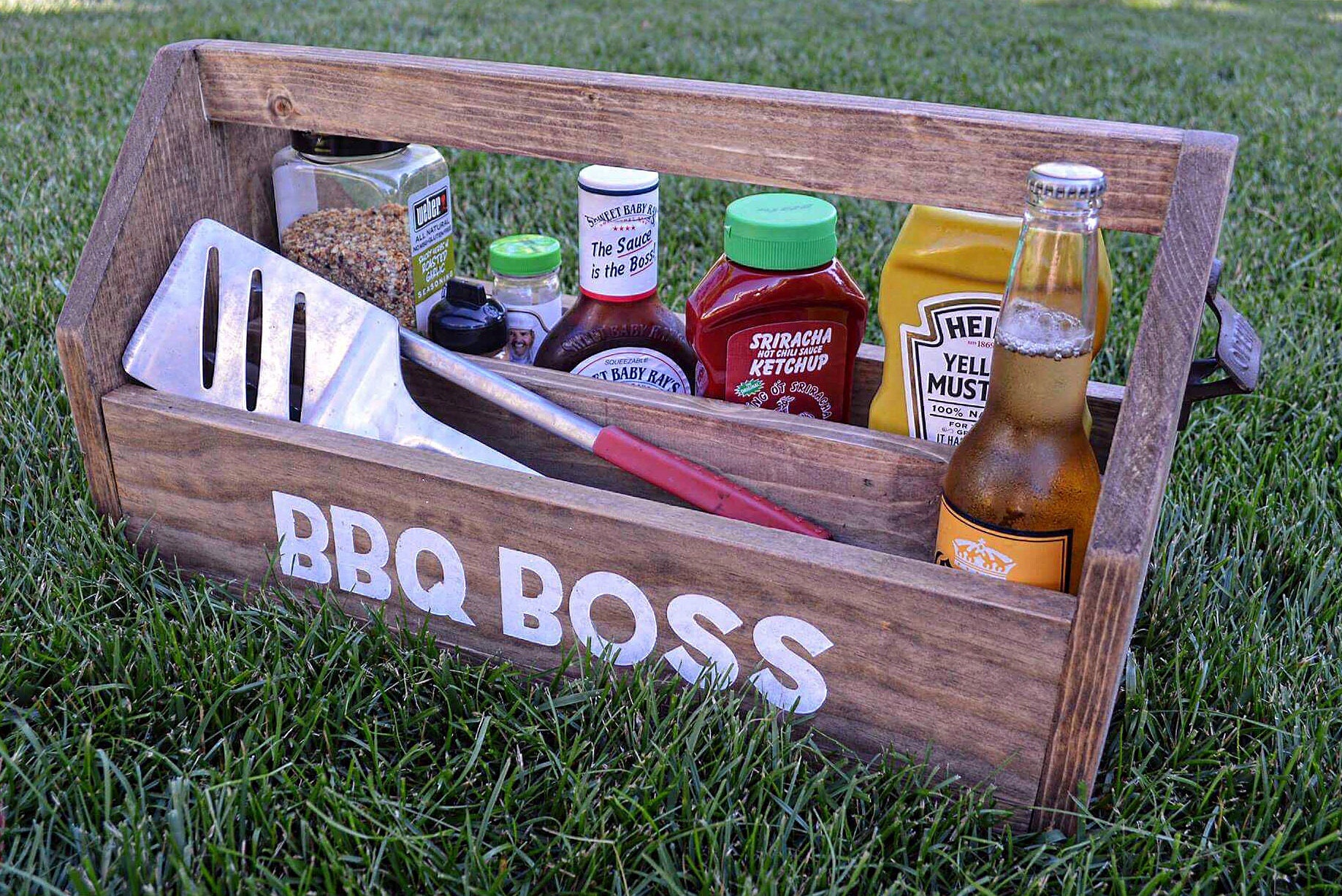 BBQ Grilling Caddy with Bottle Opener Wood Beer Carrier