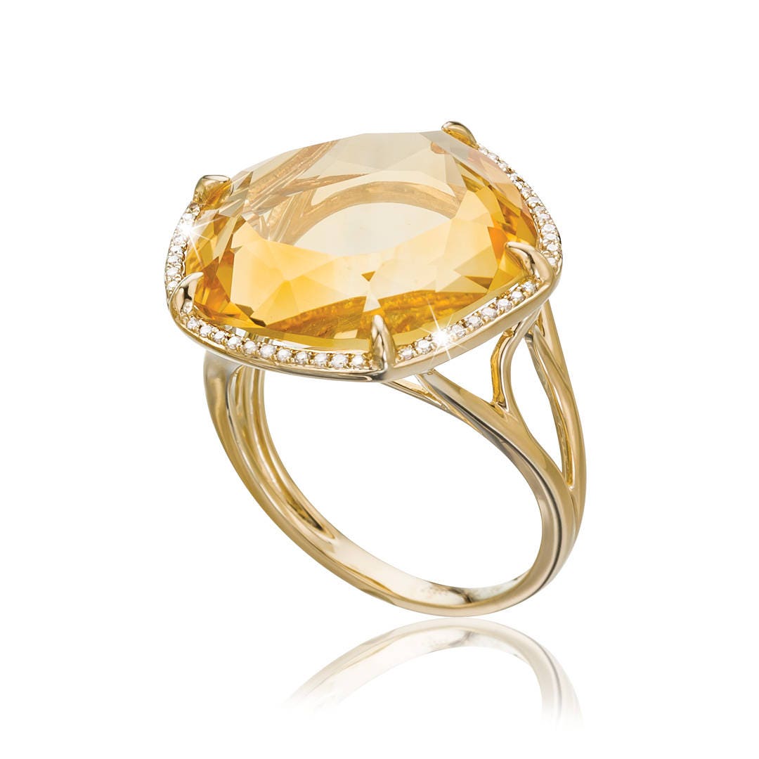 Citrine Gemstone Ring/ 14k Yellow Gold Diamond Ring/ Natural