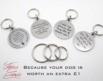 Personalised engraved high quality pet ID tag. Stainless steel with or without a funny quote on one side. Free UK Delivery.