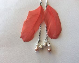Repurposed Feather and bell boho earrings\pink peach bohemian earings\feather pearl bell indie jewellery\pink hippy chyme earrings