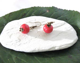 Vintage Red Apple ceramic bead earrings on hook bronze.