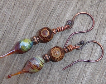 Bohemian earrings glass handmade Lampwork, lampwork and copper