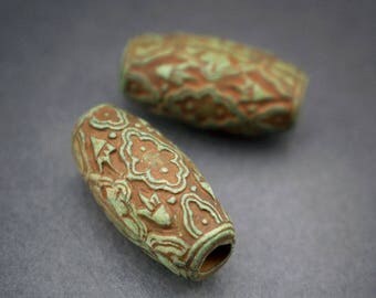 2 pcs - etched Lucite beads Green Brown, olive, barrel, vintage, rustic • 19mm x 10mm