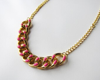 Pink enamel and gold chunky chain necklace