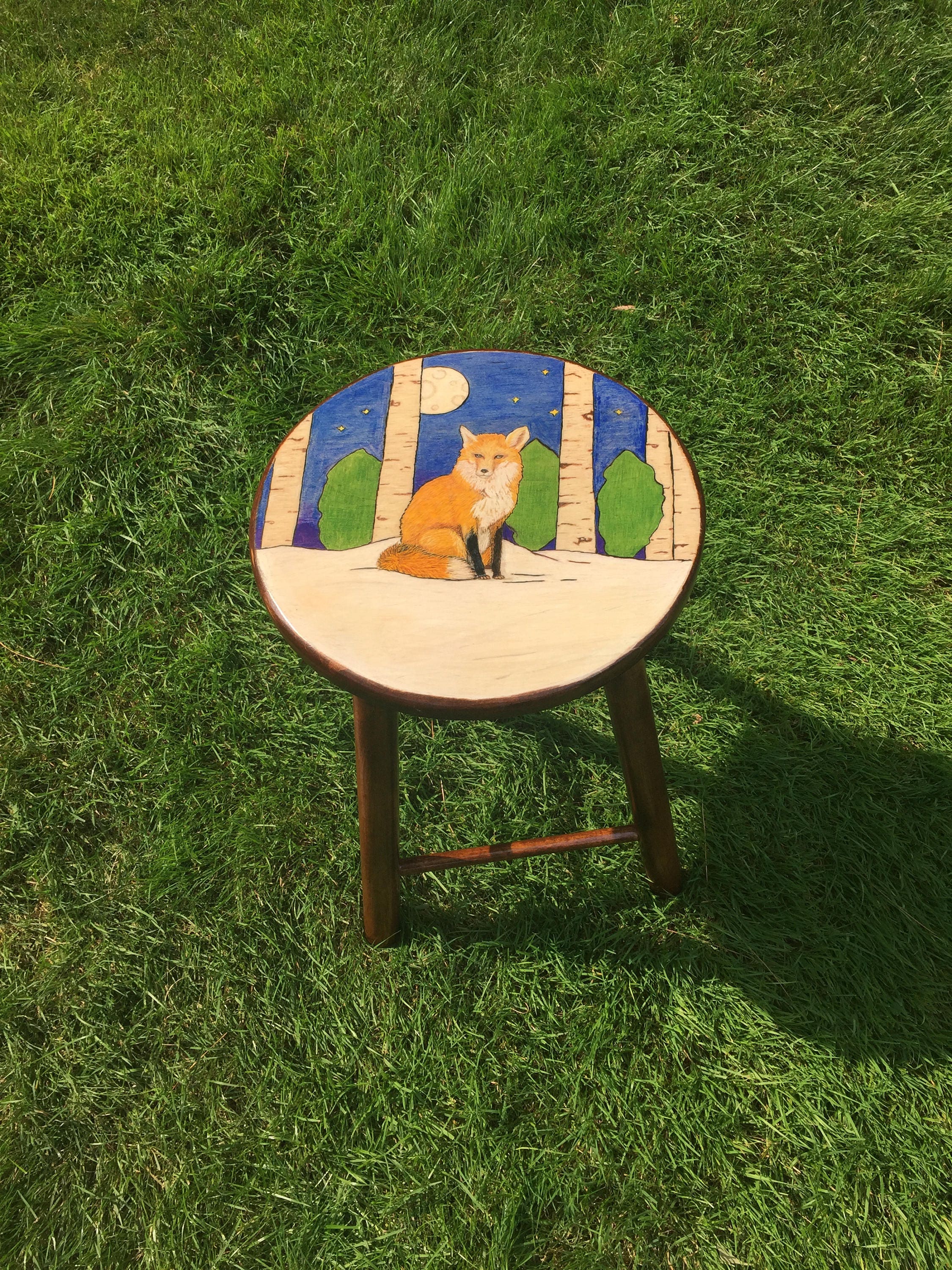 Winter Fox Wooden Stool