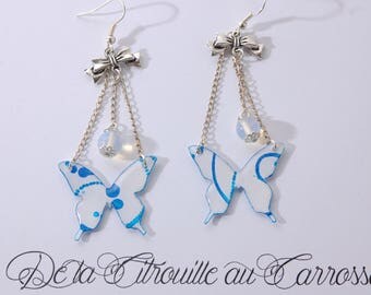 Butterfly, white and blue bow and Pearl Earrings