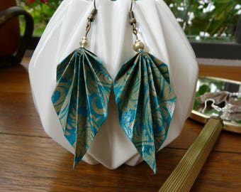 Origami earrings paper turquoise blue and gray
