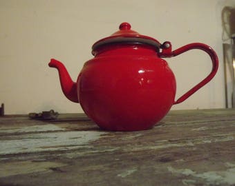 Vintage French Red Enamel Coffee/Teapot,Retro,Kitchen,Decor,Decoration