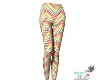 Rainbow Chevron Leggings - womens' leggings with bright zig zag patterns on pale yellow - US ladies' sizes XS, S, M, L, and XL