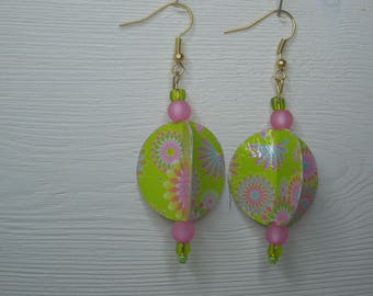Earrings round girly, pink and green