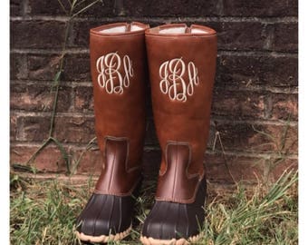 Kids Girls Monogram Mid-calf Duck Boots, rain boots, wellington boots, waterproof shoe, embroidered initials, navy blue