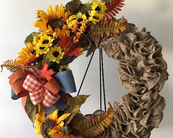 Burlap Sunflower wreath, farmhouse rustic feel, gingham ribbon bow, Fall leaves