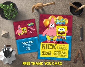 Spongebob Invitation, Spongebob Birthday, Spongebob Invites, Spongebob Printables, Spongebob Party, Spongebob Theme, FREE 4x6 Thank You Card