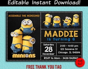 Minion Invitation, Minion Editable Birthday Invitation Template, Minion Digital, Minion PDF Invite, Minion Thank You Tag Free, Editable PDF
