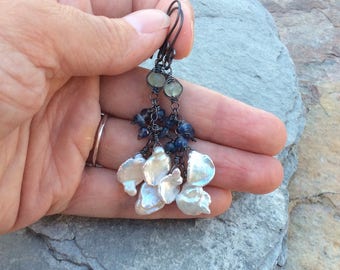 Multi gemstone earrings, Keshi pearl earrings, Keishi pearl, Kyanite earrings with Chrysoprase