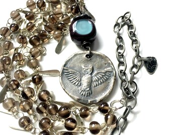 Owl Necklace with Fringy Beaded Chain
