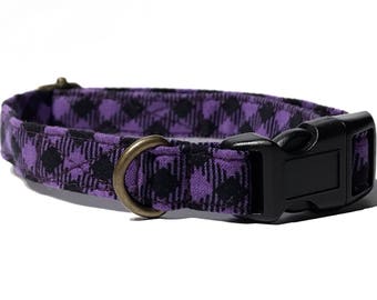 Spooky Plaid - Purple Black Gingham Plaid Halloween Fall Autumn Organic Cotton CAT Collar Breakaway Safety - All Antique Brass Hardware