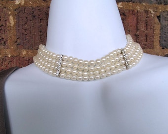 4 Strand Glass Pearl Choker Necklace, Pearl Collar, Classic Pearl Necklace, Vintage Wedding, Prom Jewelry, Pearl Bride Necklace, Elegant