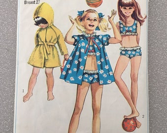 Vintage 1968 Pattern Girls Bathing Suit and Robe Bathing Coat Size 8 Simplicity 60s Sewing 7710
