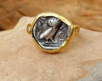 Gold Ancient Coin Ring, Statement Ring, Ancient Coin Jewelry, solid 18 kt gold and Diamond ring, Athena Owl Coin coin ring
