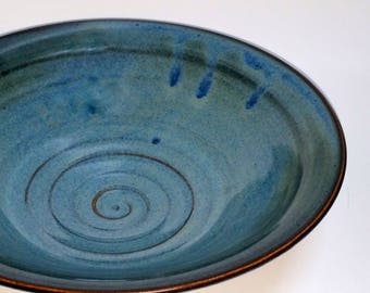 Blue Pottery Serving Bowl with Chattered Texture and Pedestal Style Foot